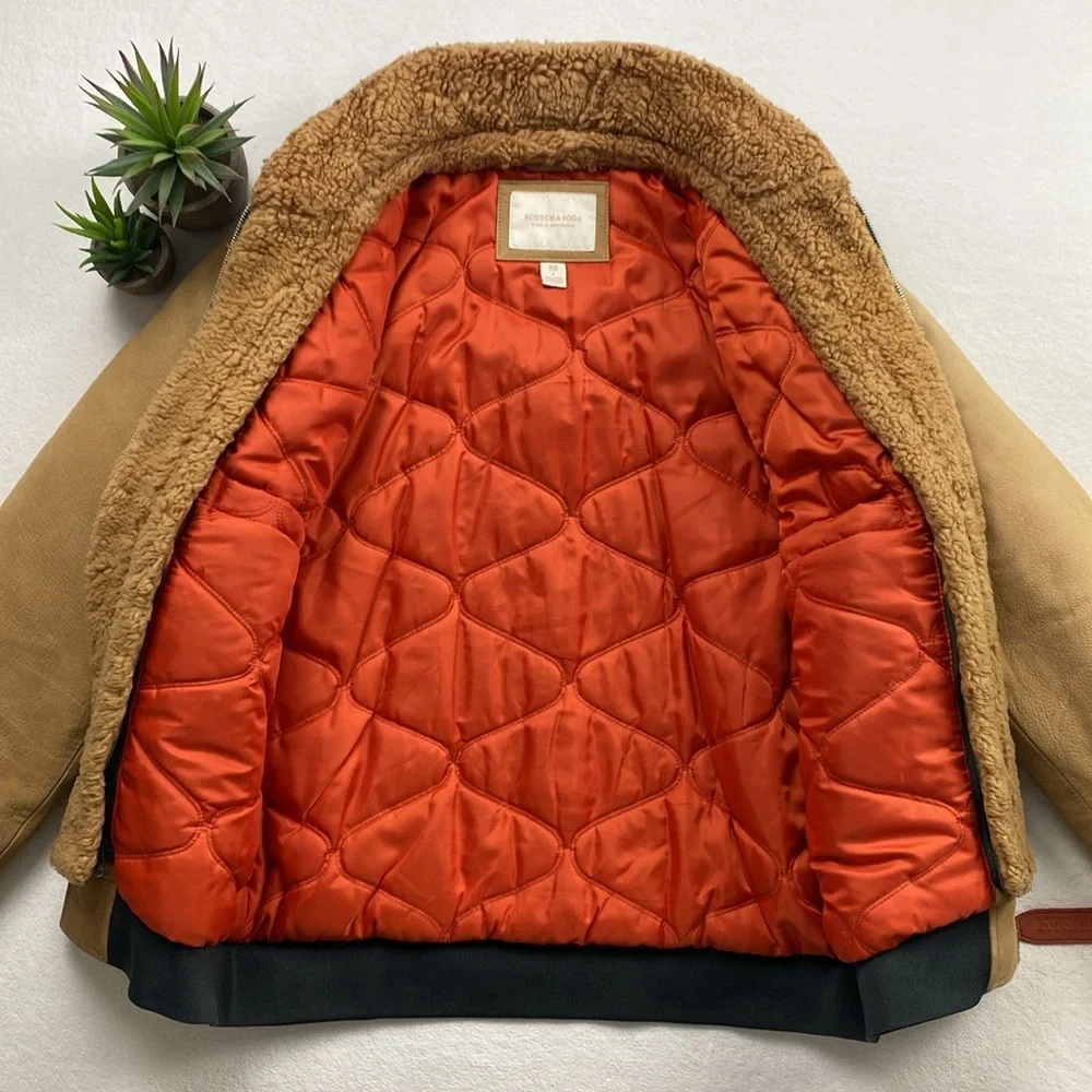 Scotch & Soda Buffalo Leather Removable Faux Shearling Aviator Bomber Jacket - Picture 3 of 16